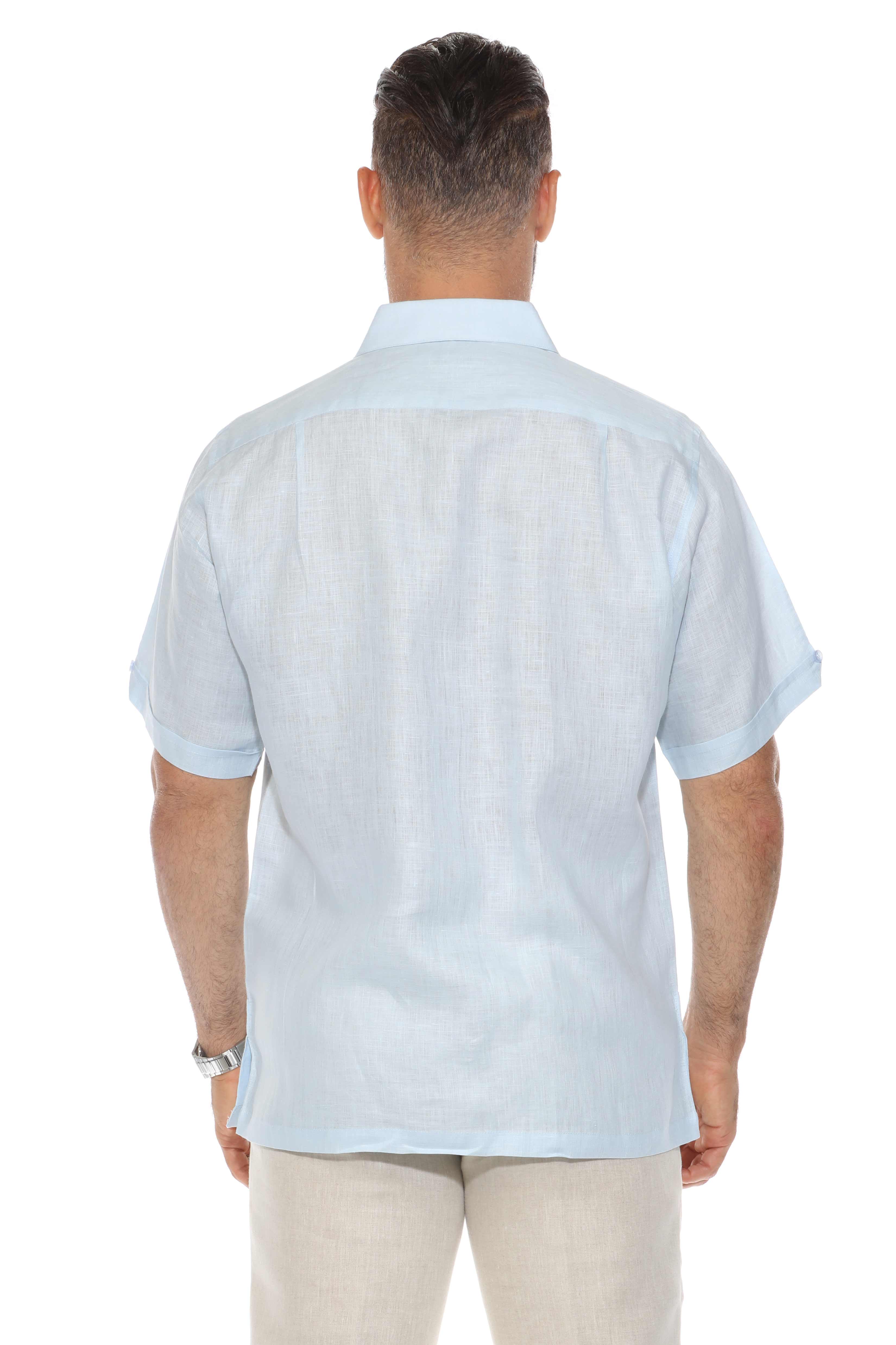 Camisa de lino 100 % para hombre, manga corta, con detalle de pinzas