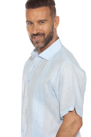 Camisa de lino 100 % para hombre, manga corta, con detalle de pinzas