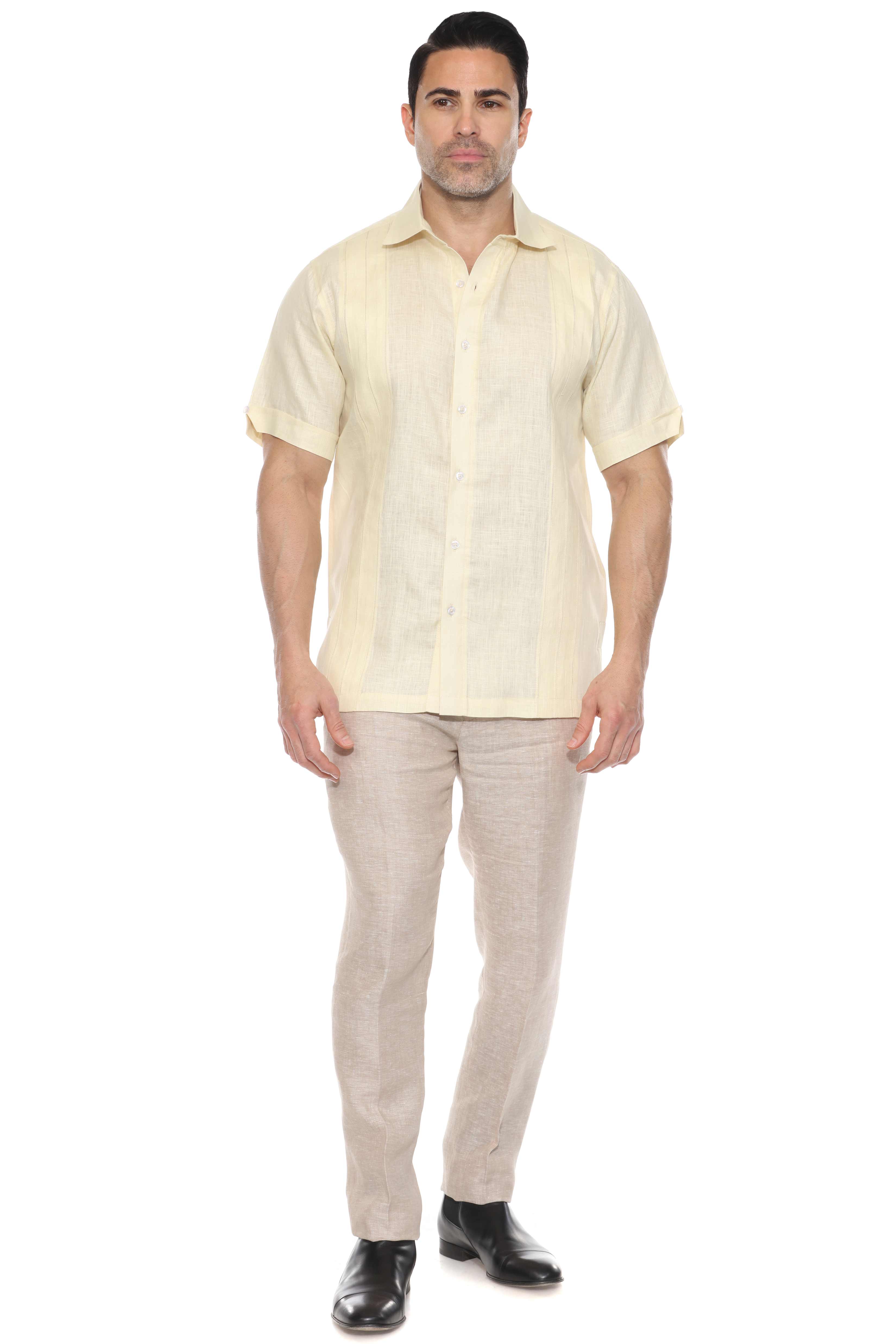 Camisa de lino 100 % para hombre, manga corta, con detalle de pinzas