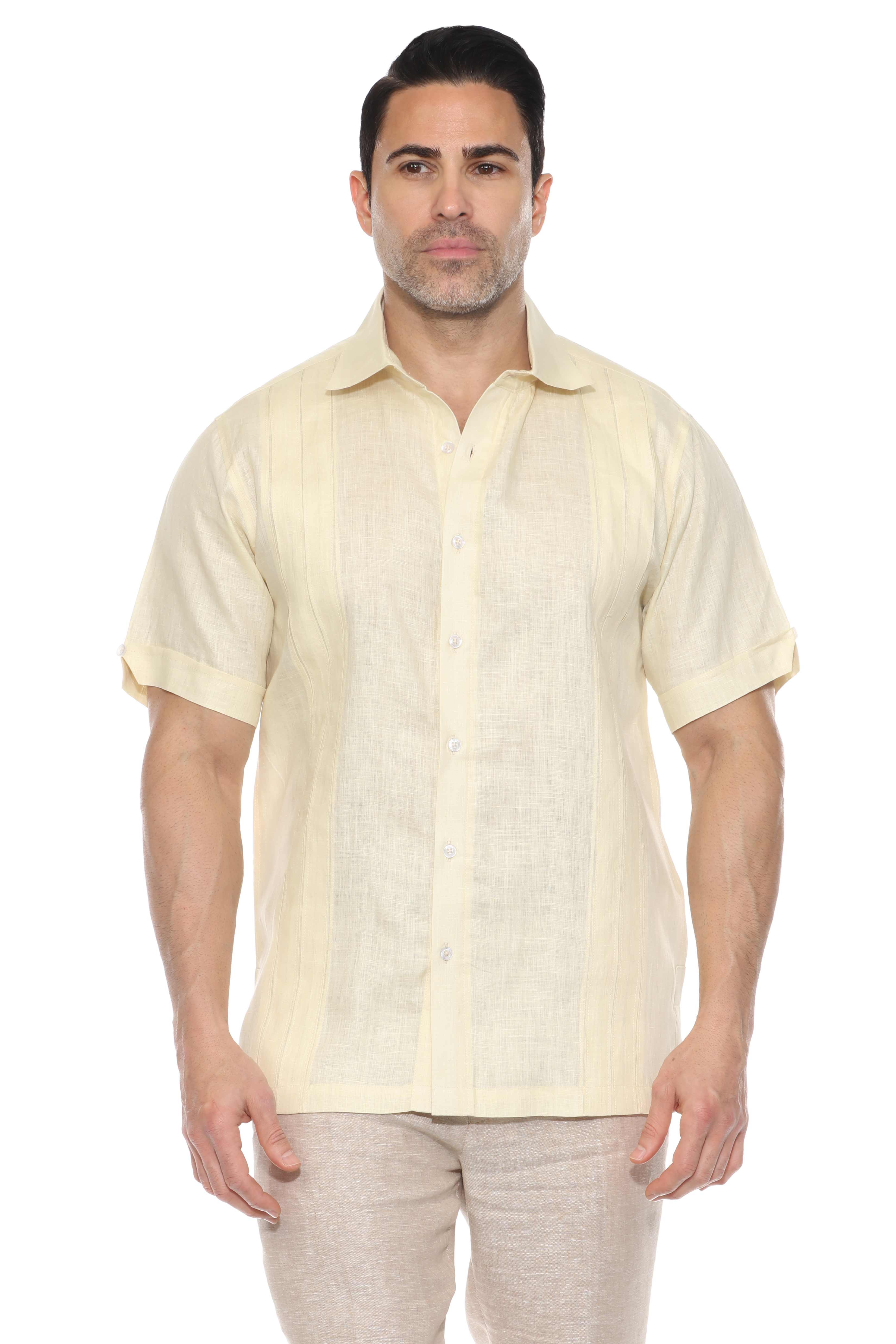 Camisa de lino 100 % para hombre, manga corta, con detalle de pinzas