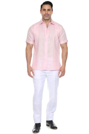Camisa de lino 100 % para hombre, manga corta, con detalle de pinzas