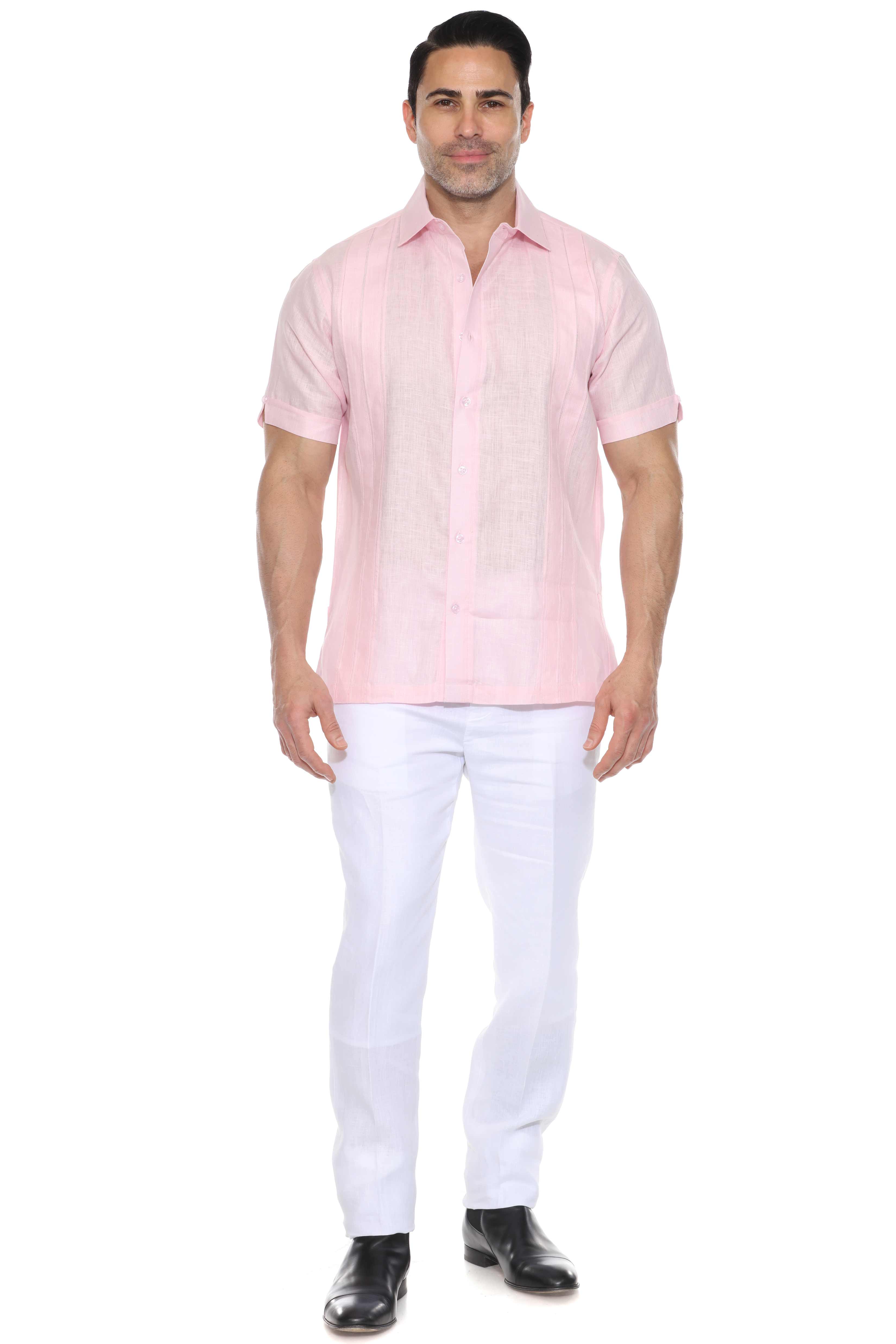Camisa de lino 100 % para hombre, manga corta, con detalle de pinzas