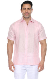 Camisa de lino 100 % para hombre, manga corta, con detalle de pinzas