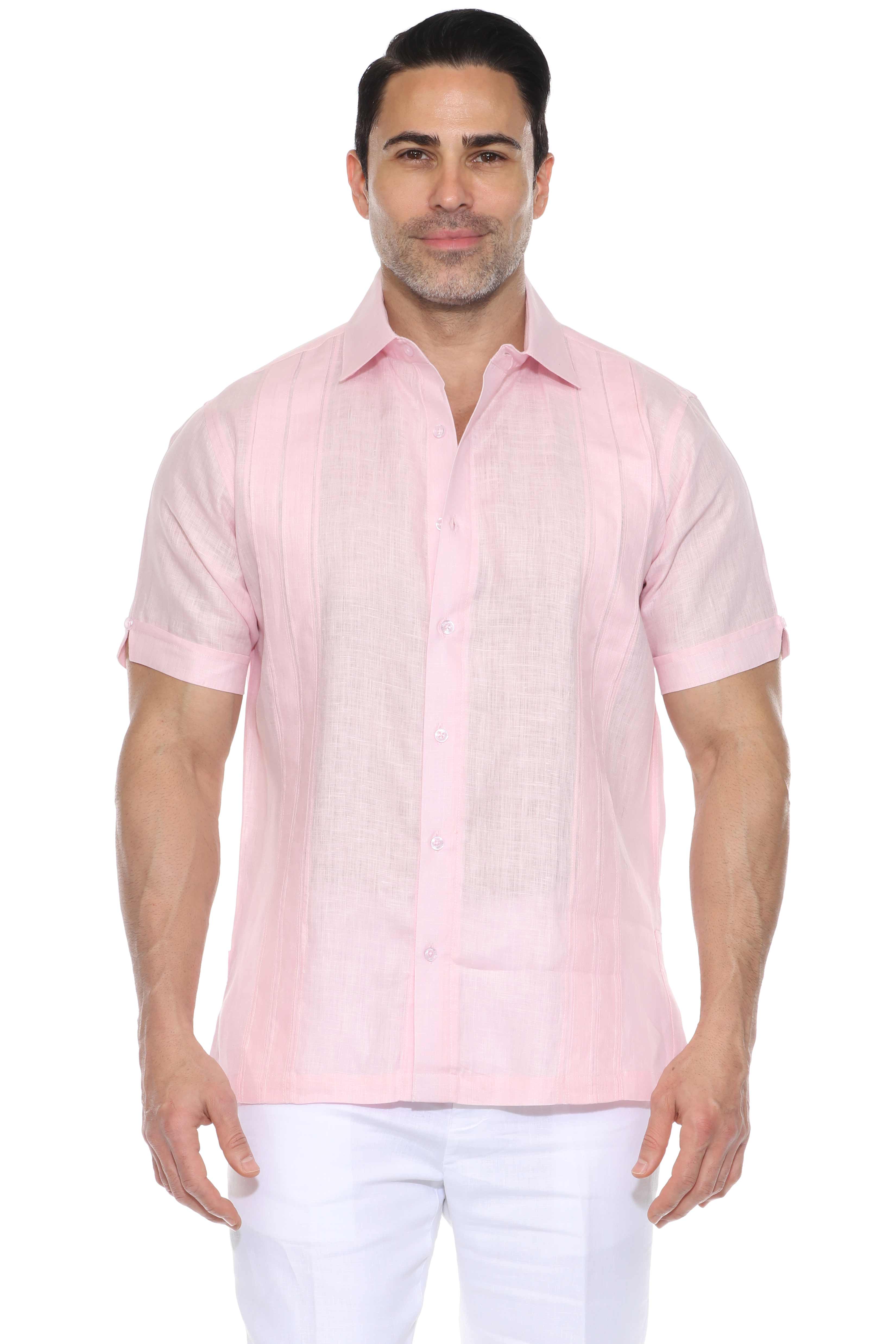 Camisa de lino 100 % para hombre, manga corta, con detalle de pinzas