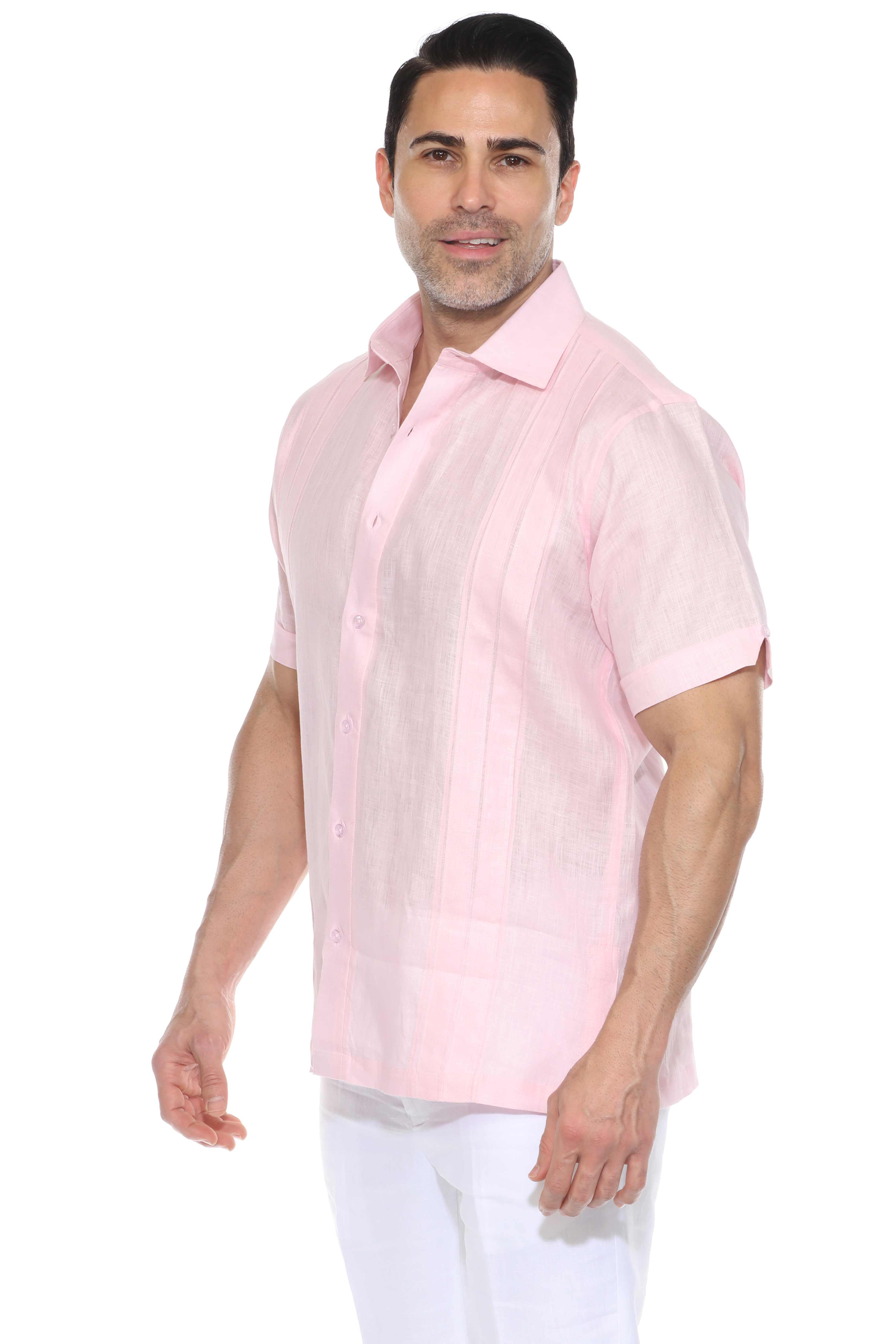 Camisa de lino 100 % para hombre, manga corta, con detalle de pinzas