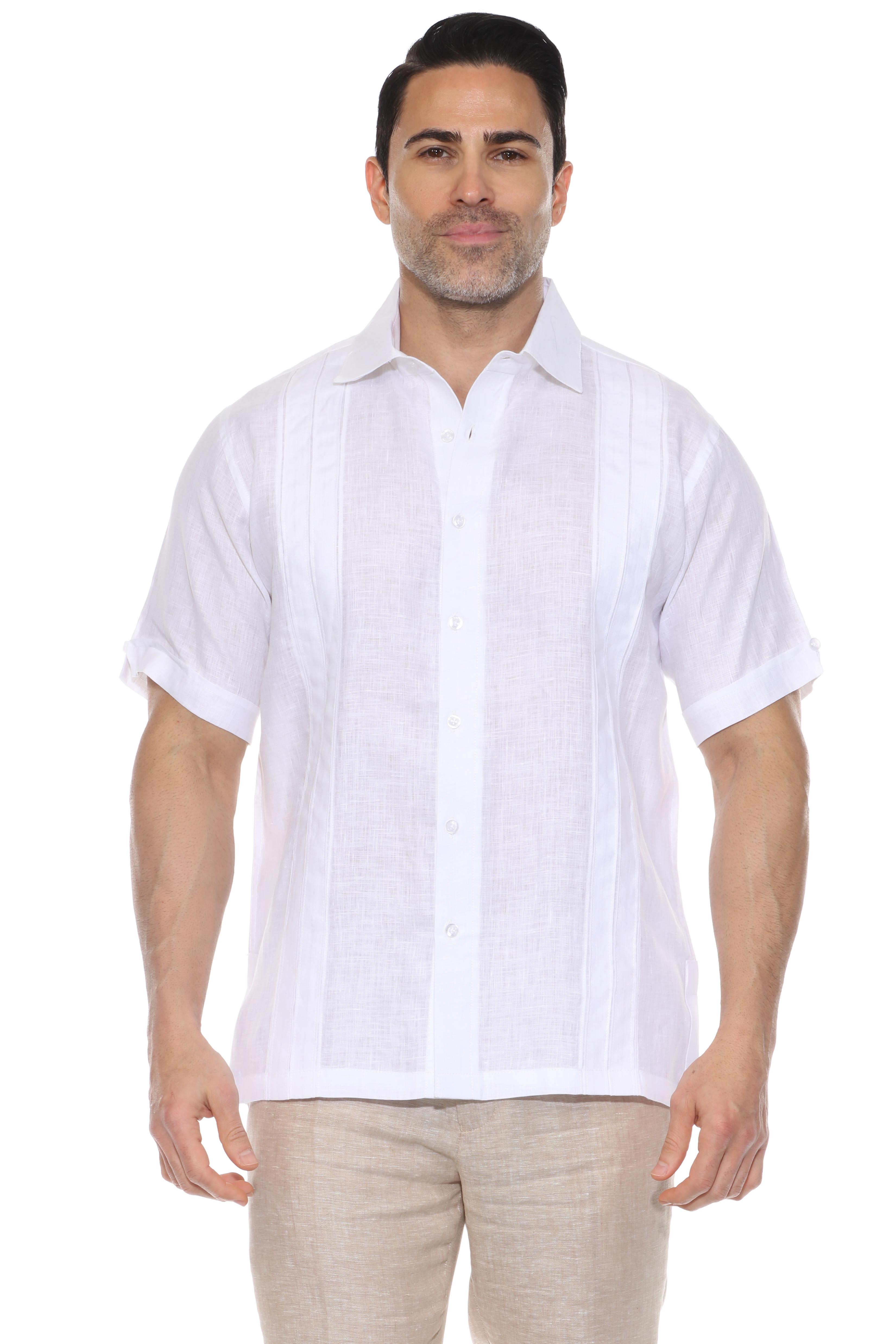 Camisa de lino 100 % para hombre, manga corta, con detalle de pinzas