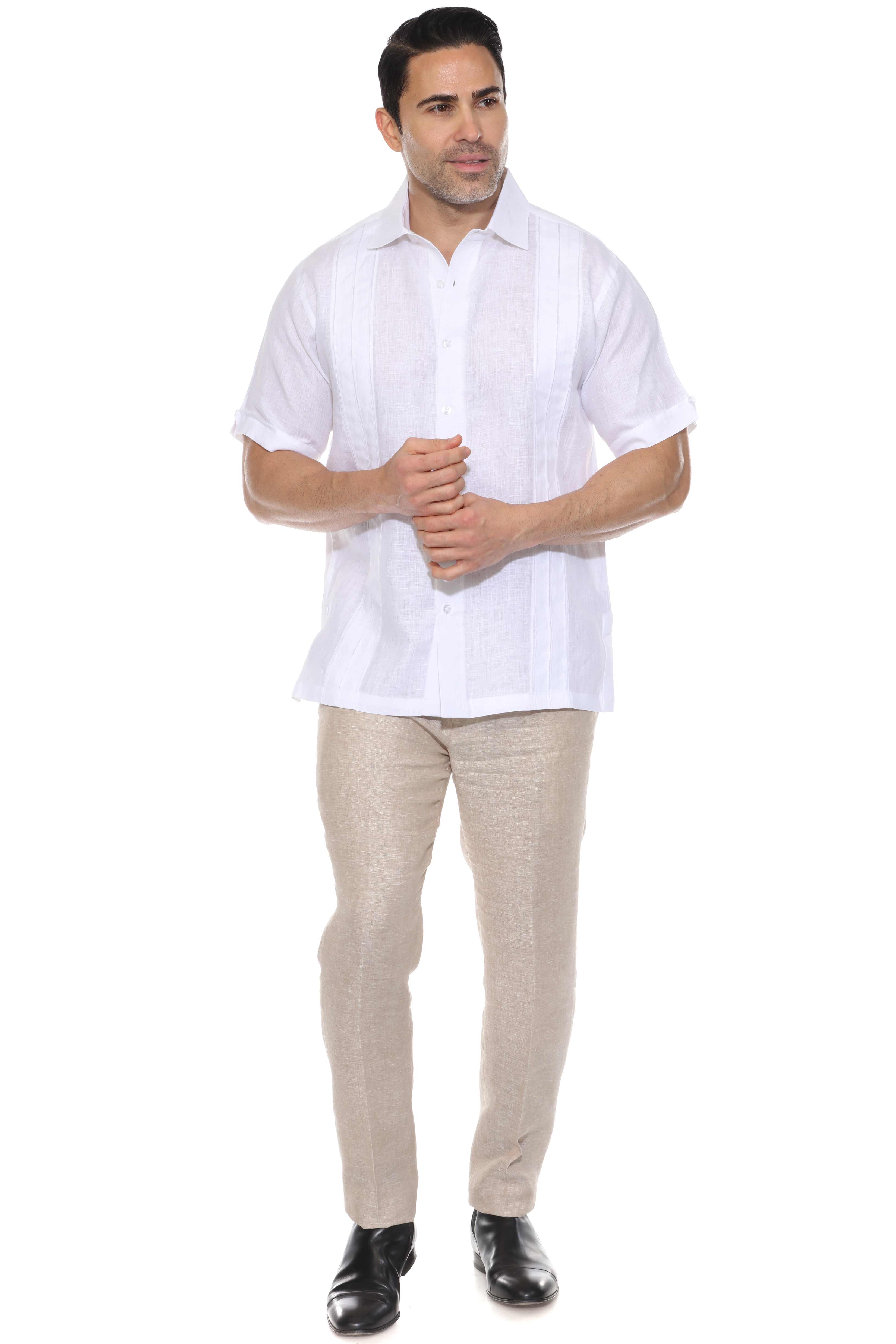 Camisa de lino 100 % para hombre, manga corta, con detalle de pinzas