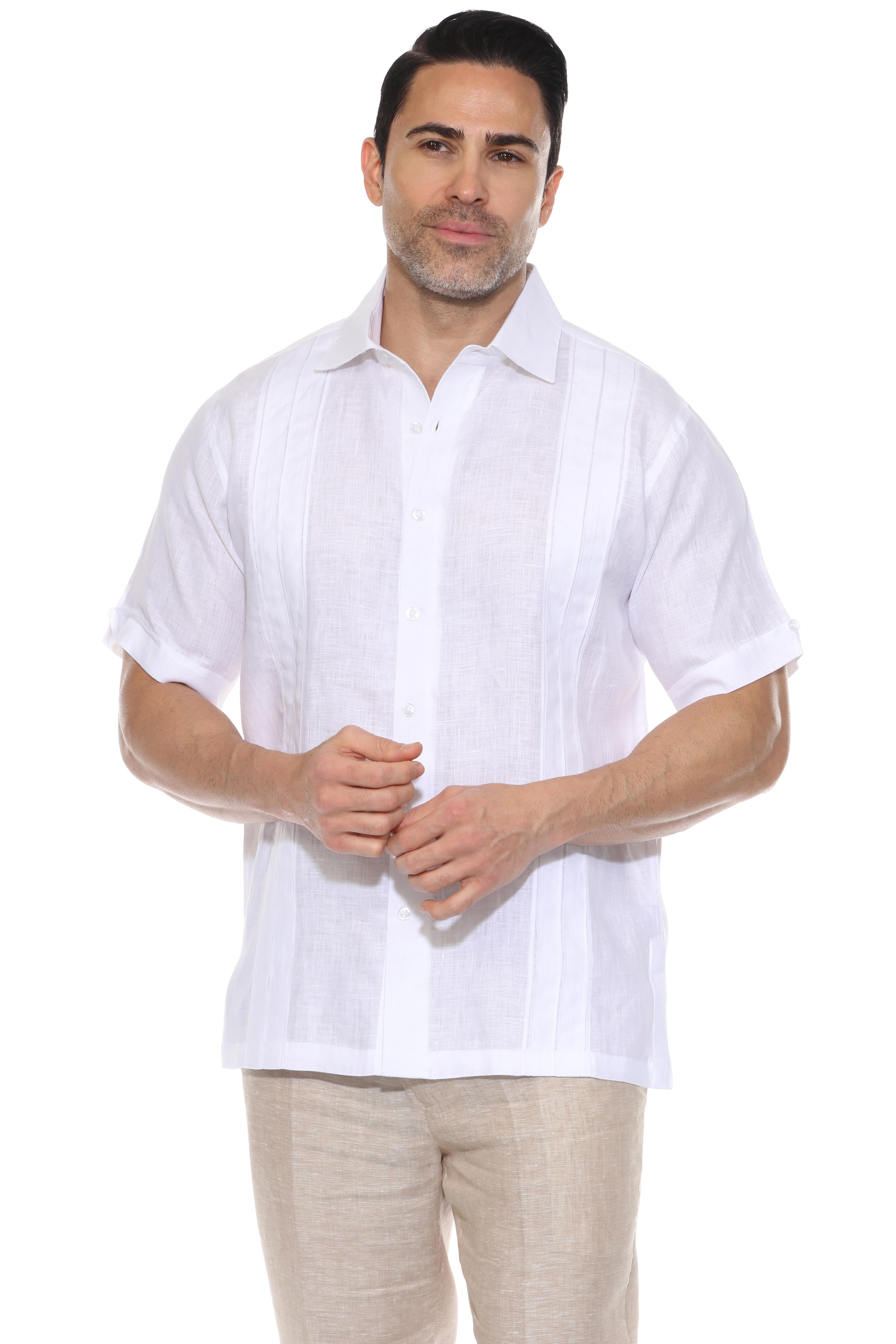Camisa de lino 100 % para hombre, manga corta, con detalle de pinzas