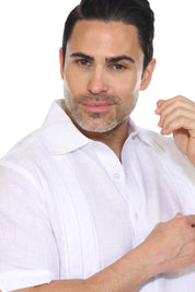 Camisa de lino 100 % para hombre, manga corta, con detalle de pinzas