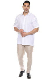 Camisa de lino 100 % para hombre, manga corta, con pliegues y bordado