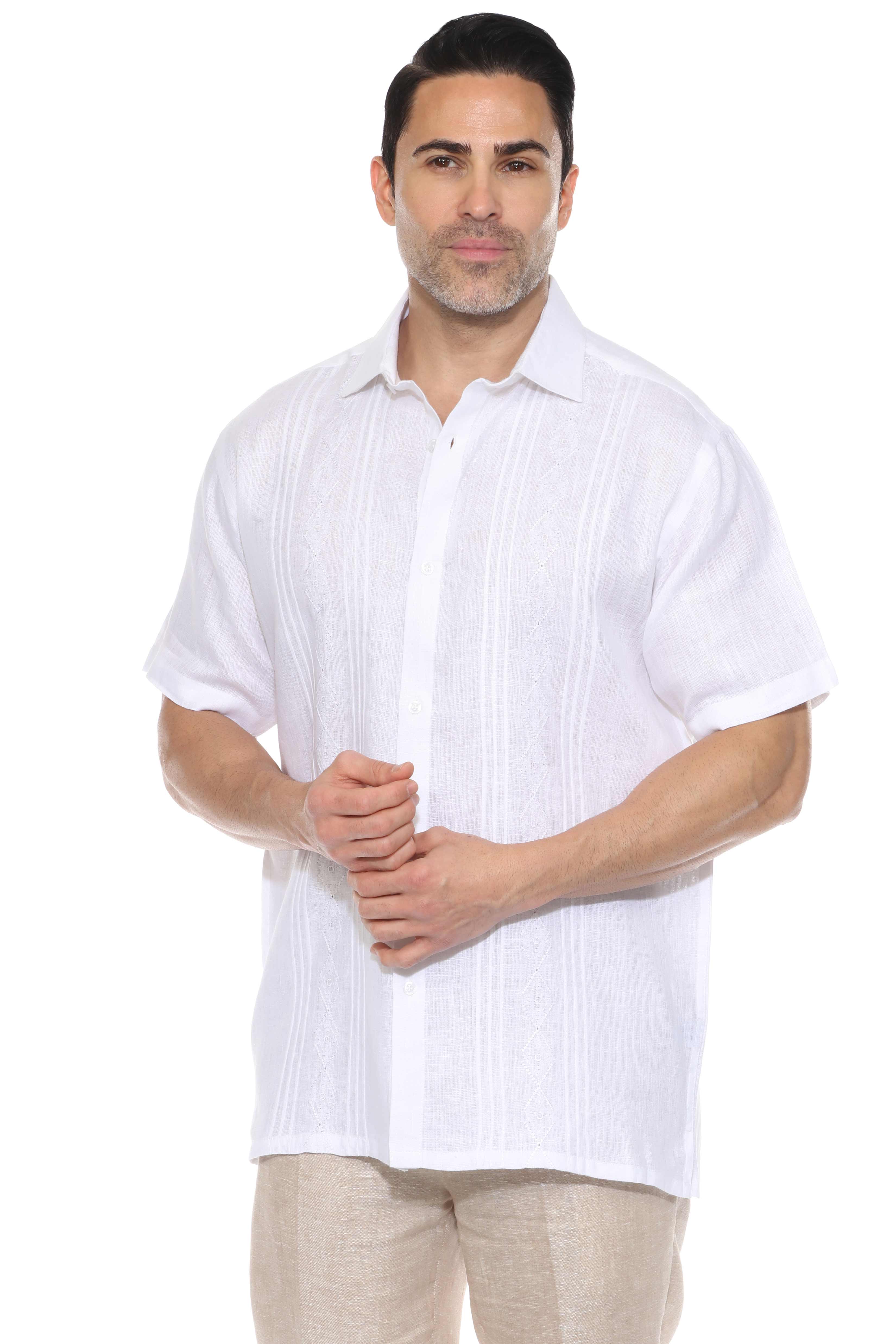 Camisa de lino 100 % para hombre, manga corta, con pliegues y bordado