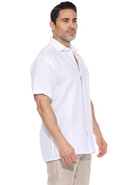 Camisa de lino 100 % para hombre, manga corta, con pliegues y bordado