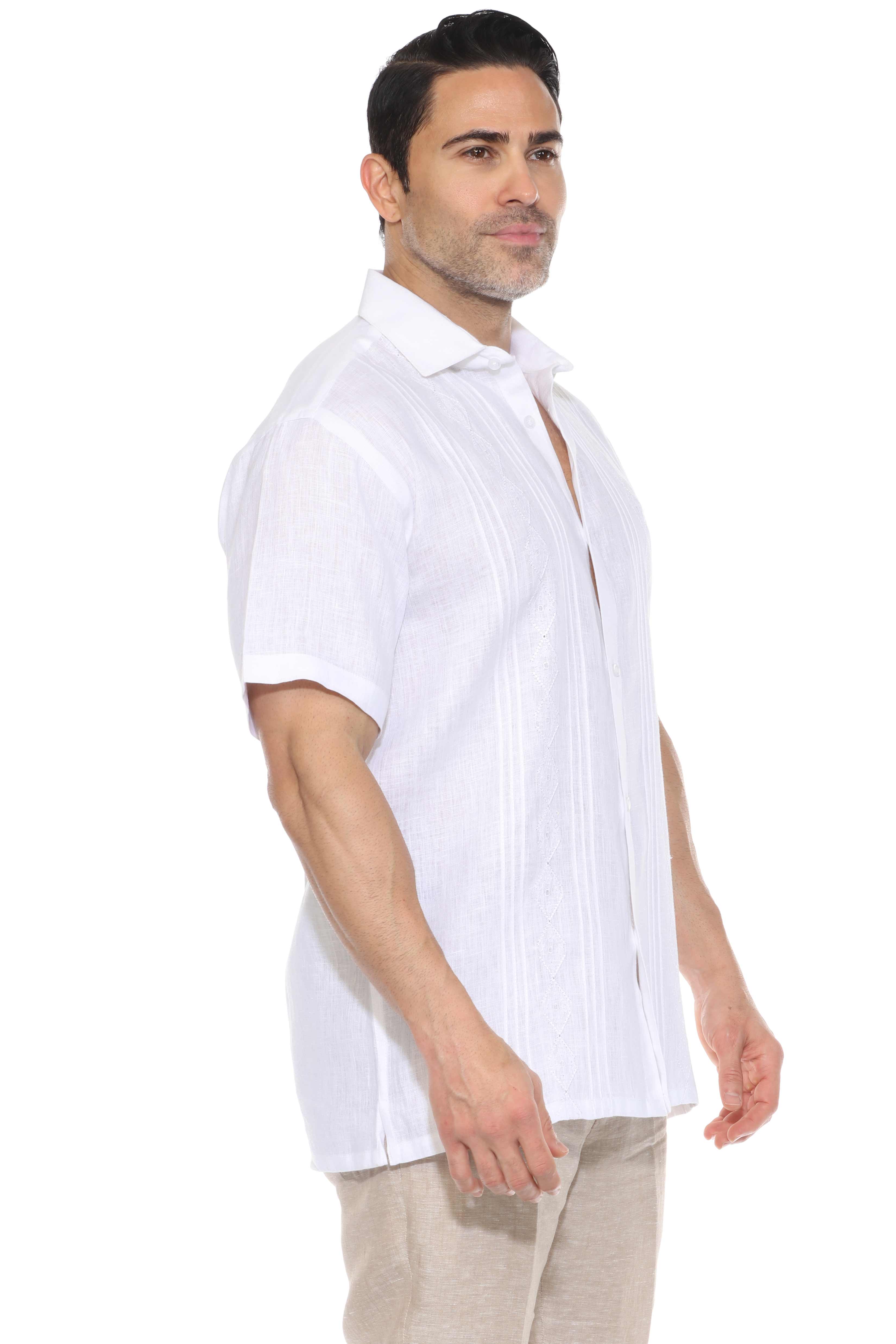 Camisa de lino 100 % para hombre, manga corta, con pliegues y bordado