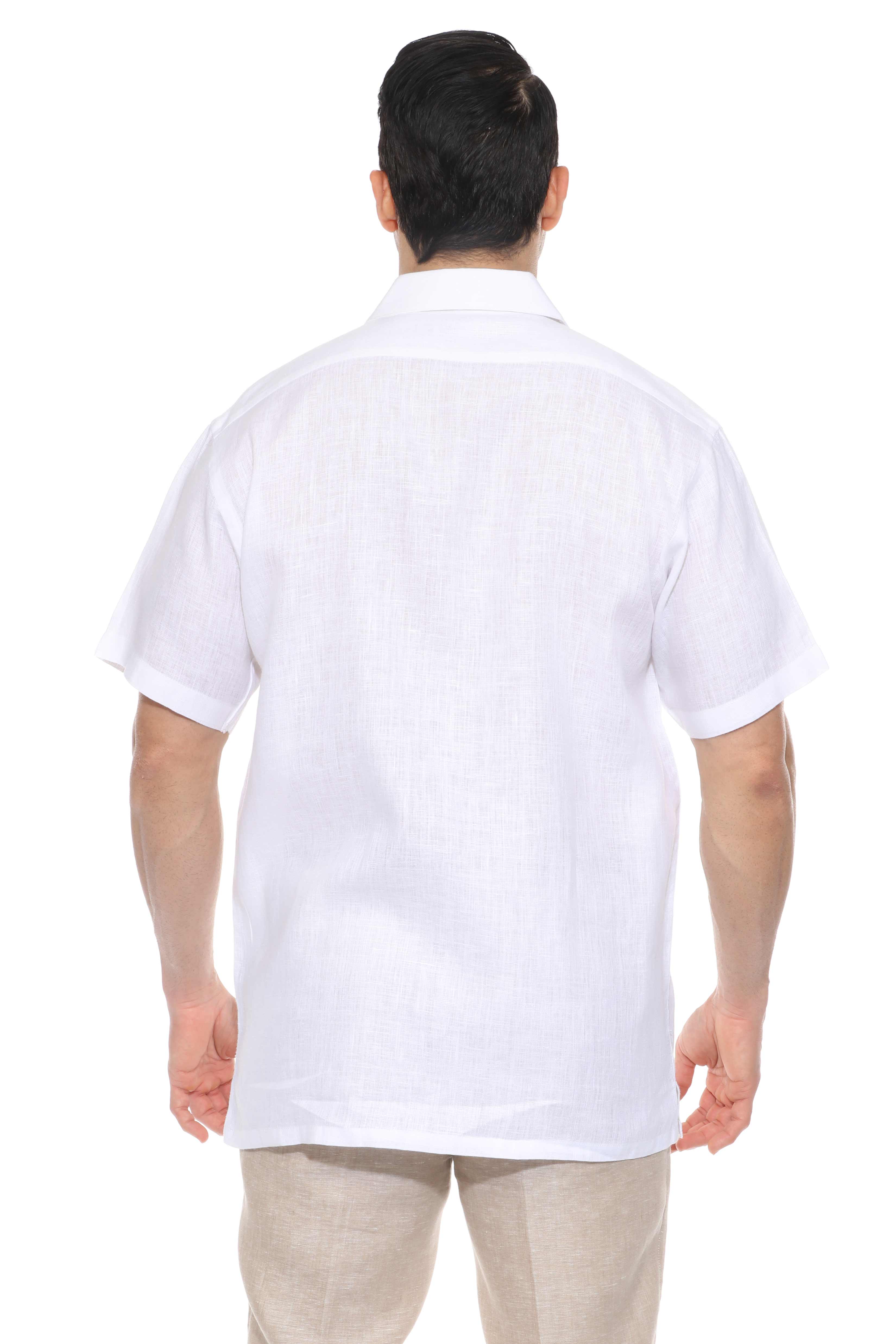 Camisa de lino 100 % para hombre, manga corta, con pliegues y bordado