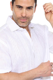 Camisa de lino 100 % para hombre, manga corta, con pliegues y bordado