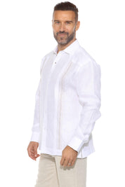 Camisa de lino 100 % para hombre, manga larga, con pliegues y bordado