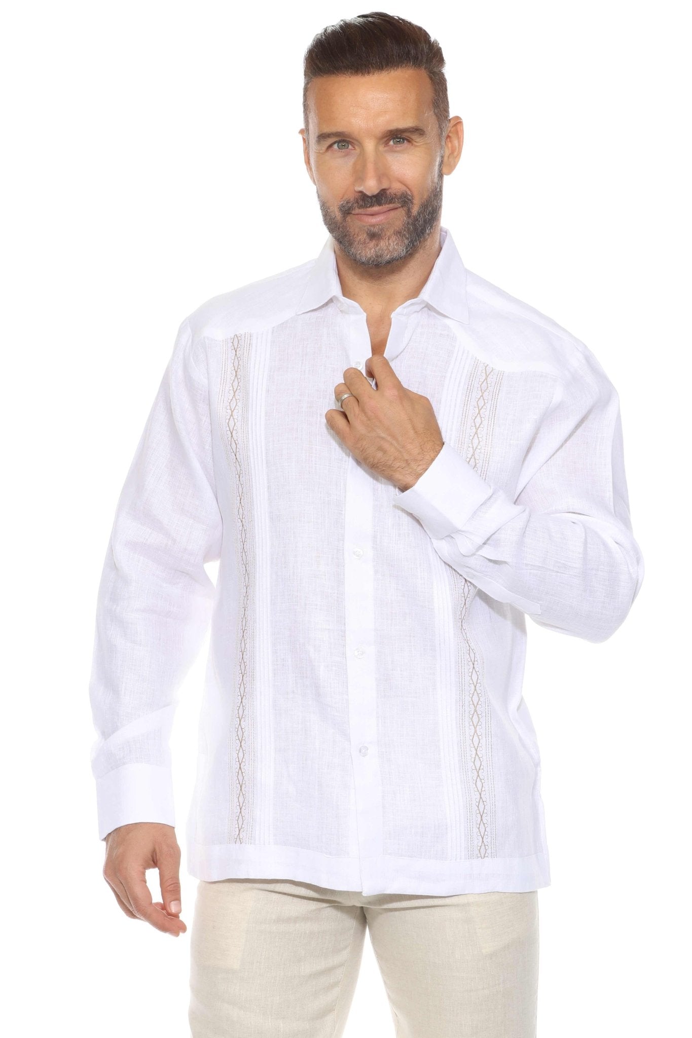 Men's 100% Linen Resort Shirt Long Sleeve with Pin Tuck and Dual Embroidery Accent