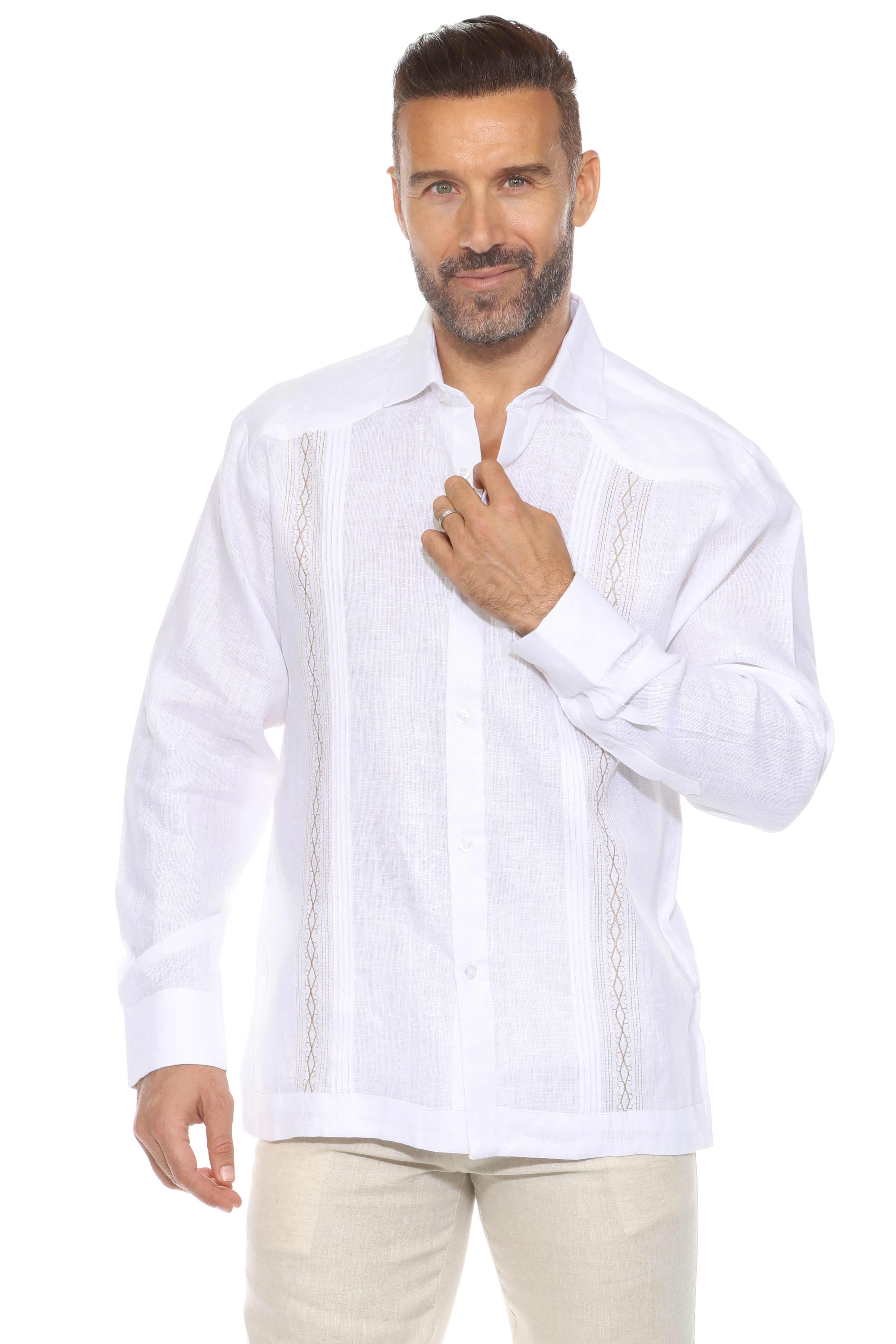 Mojito Men's 100% Linen Resort Shirt Long Sleeve with Pin Tuck and Dual Embroidery Accent