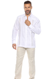 Camisa de lino 100 % para hombre, manga larga, con pliegues y bordado
