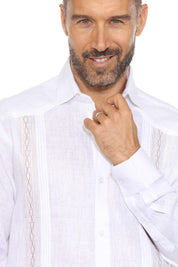 Camisa de lino 100 % para hombre, manga larga, con pliegues y bordado