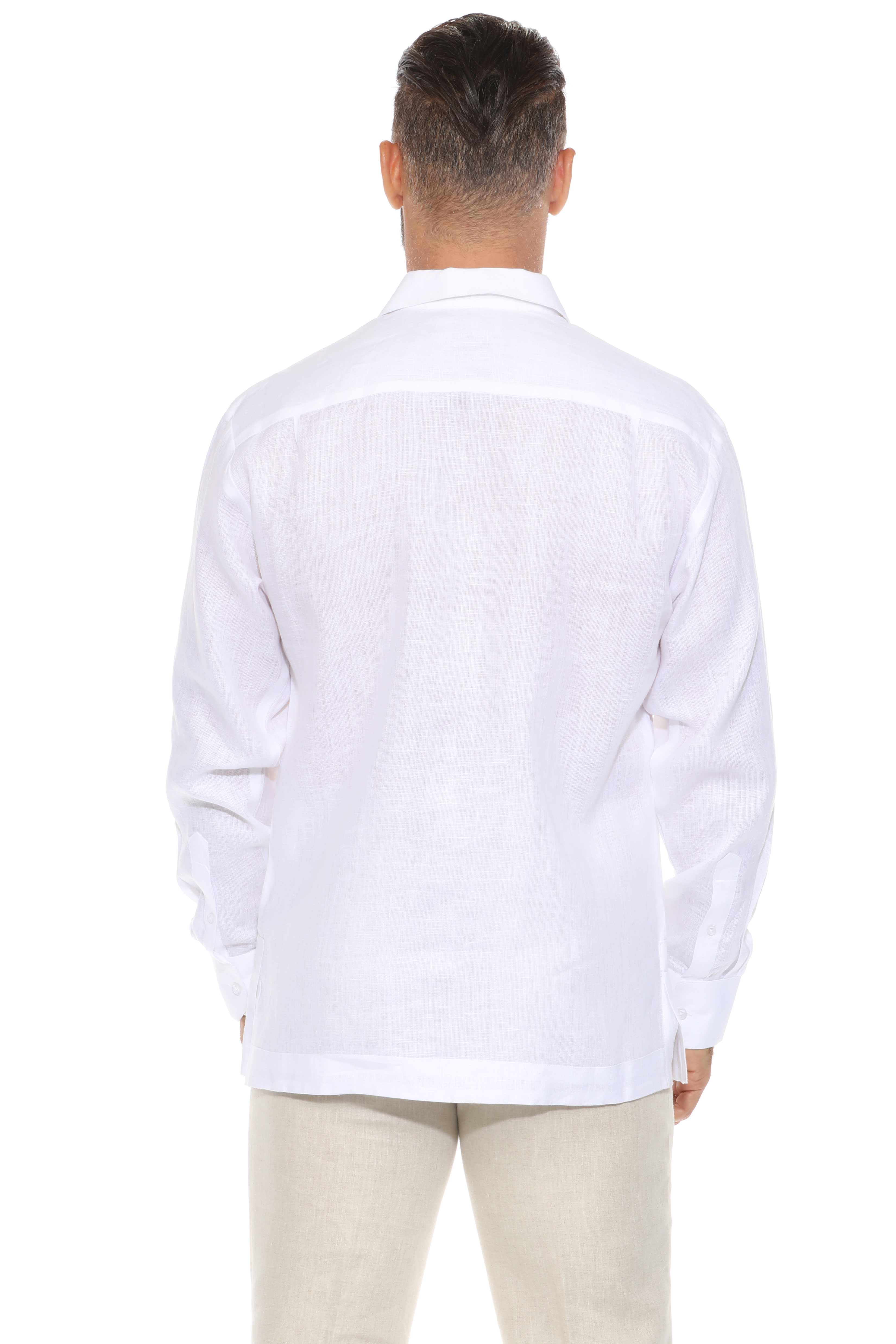 Camisa de lino 100 % para hombre, manga larga, con pliegues y bordado