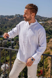 Camisa de resort con cuello mandarín, 100 % lino, manga larga y detalle de bordado
