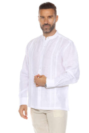 Camisa de resort con cuello mandarín, 100 % lino, manga larga y detalle de bordado