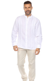 Camisa de resort con cuello mandarín, 100 % lino, manga larga y detalle de bordado
