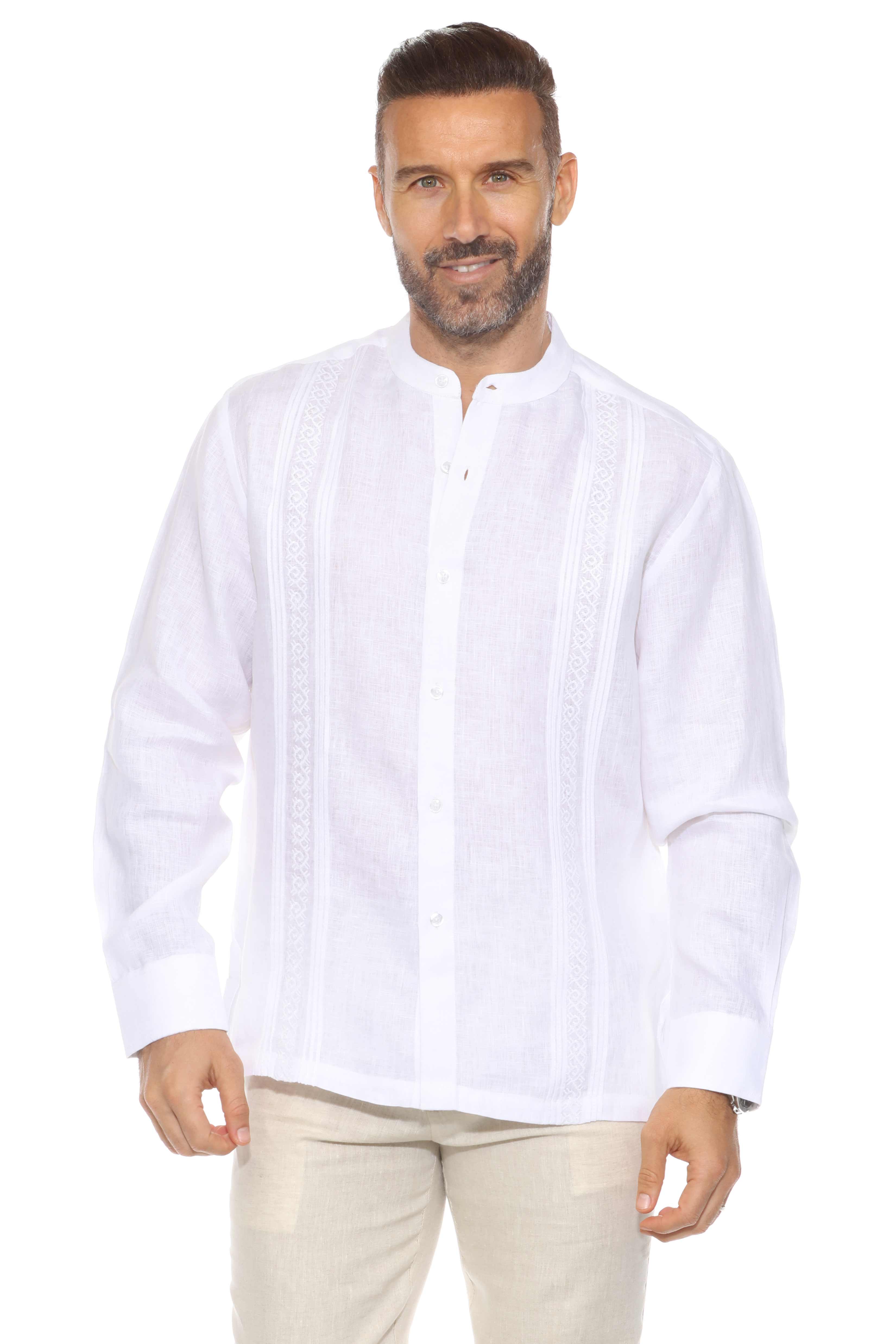 Camisa de resort con cuello mandarín, 100 % lino, manga larga y detalle de bordado