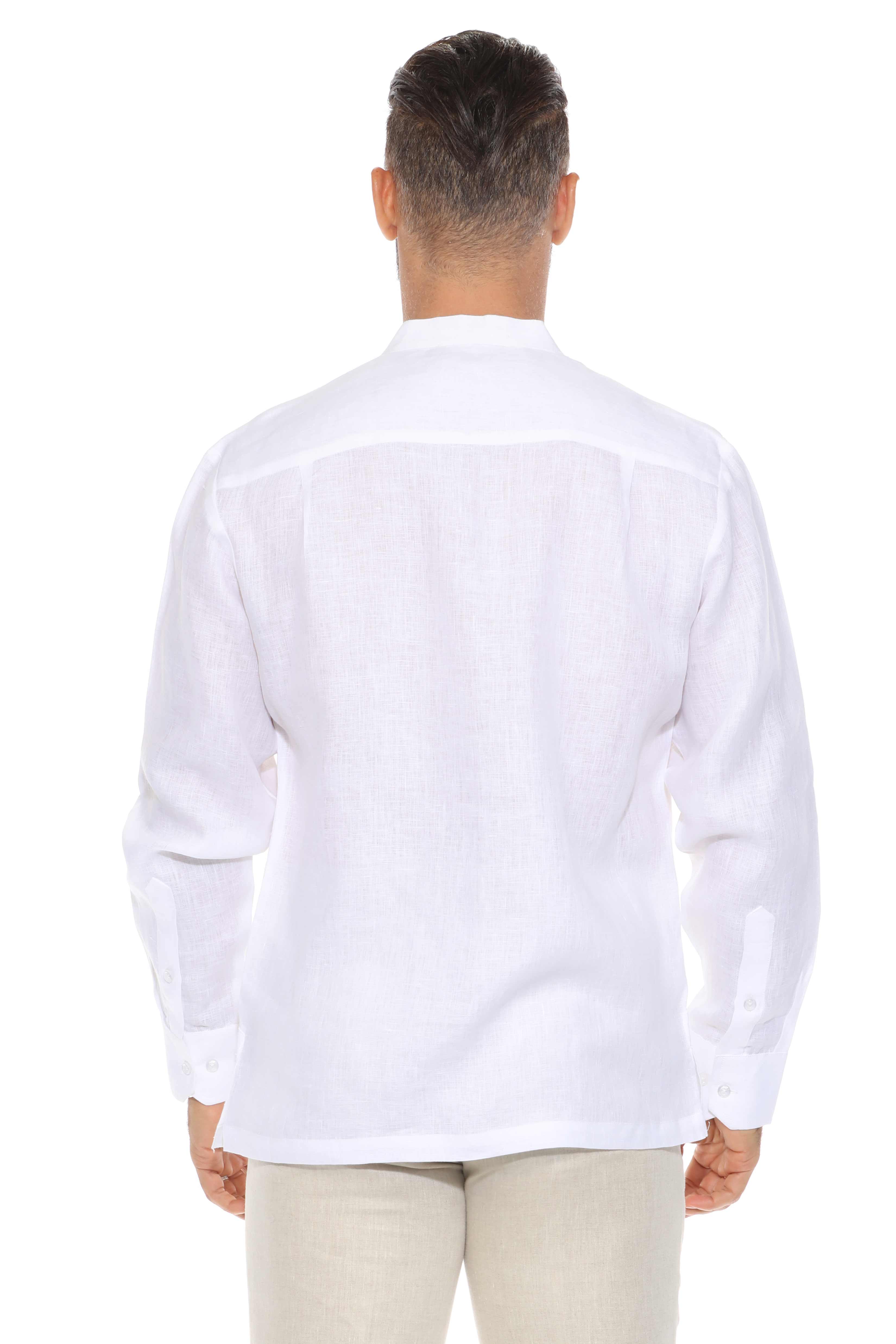 Camisa de resort con cuello mandarín, 100 % lino, manga larga y detalle de bordado