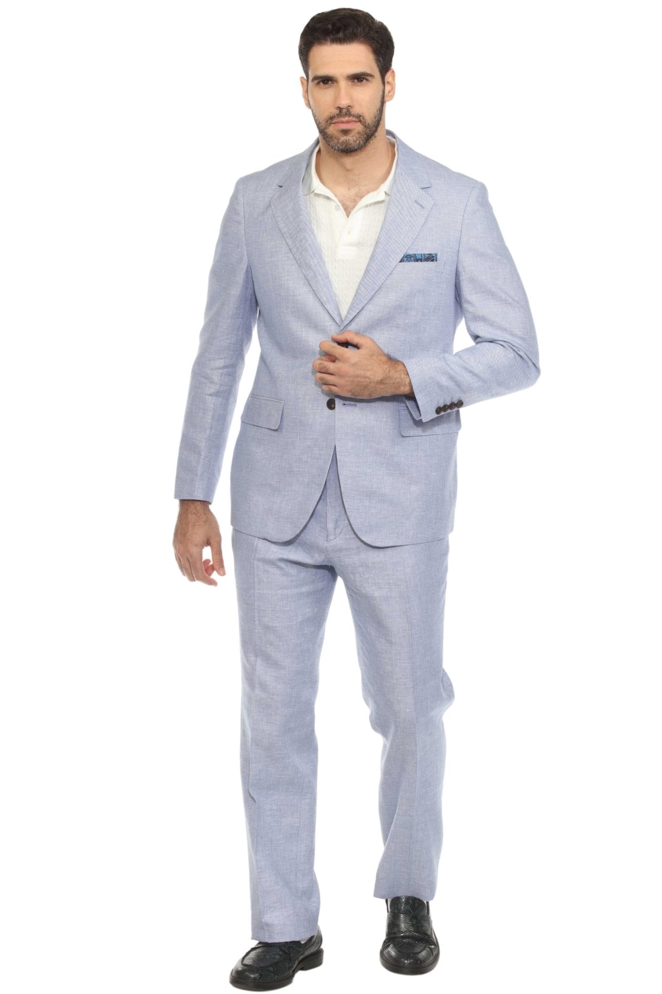 Men's Textured Linen Cotton Suit Notch Lapel Two-Piece 3X/48 JACKET-42W PANT / LIGHT BLUE Men's Textured Linen Cotton Suit Notch Lapel Two-Piece 3X/48 JACKET-42W PANT / LIGHT BLUE