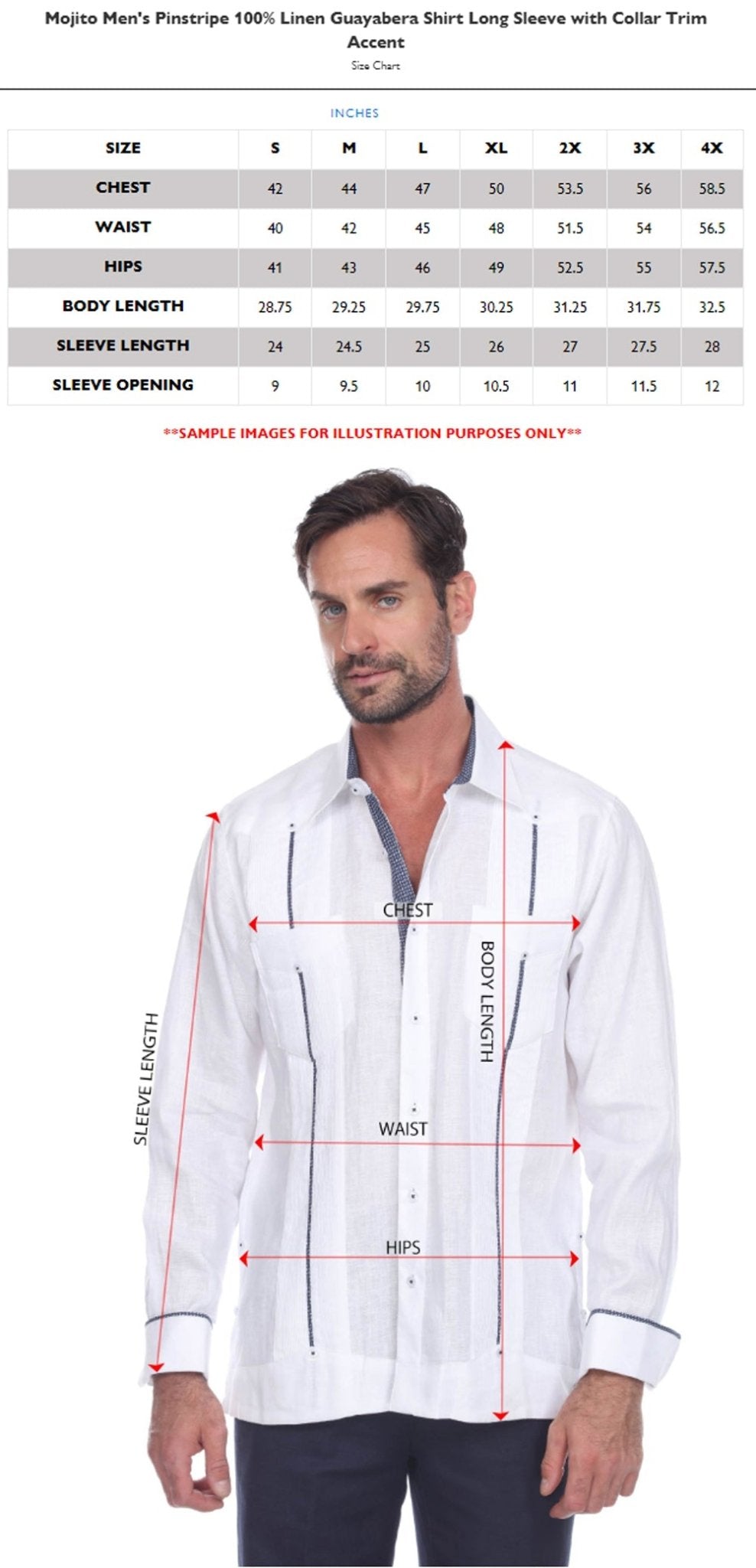 Size chart for 100% Linen Contrast Panel Guayabera Shirt Long Sleeve, showing chest, waist, hips and length measurements.
