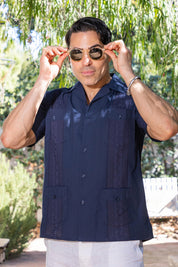 Men's Cropped Four-Pocket Stylish Guayabera Shirt with Embroidery