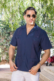 Men's Cropped Four-Pocket Stylish Guayabera Shirt with Embroidery