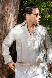 Men's 100% Linen Guayabera Shirt Long Sleeve with Embroidery and Pin Tuck Trim Accent