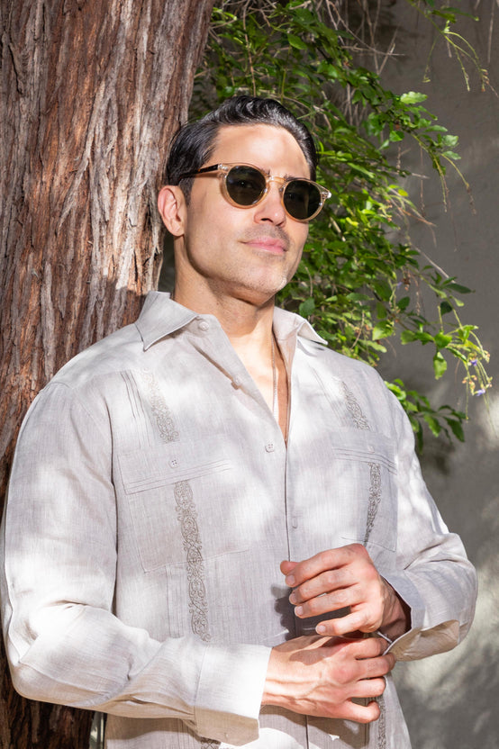 Men's 100% Linen Guayabera Shirt Long Sleeve with Embroidery and Pin Tuck Trim Accent
