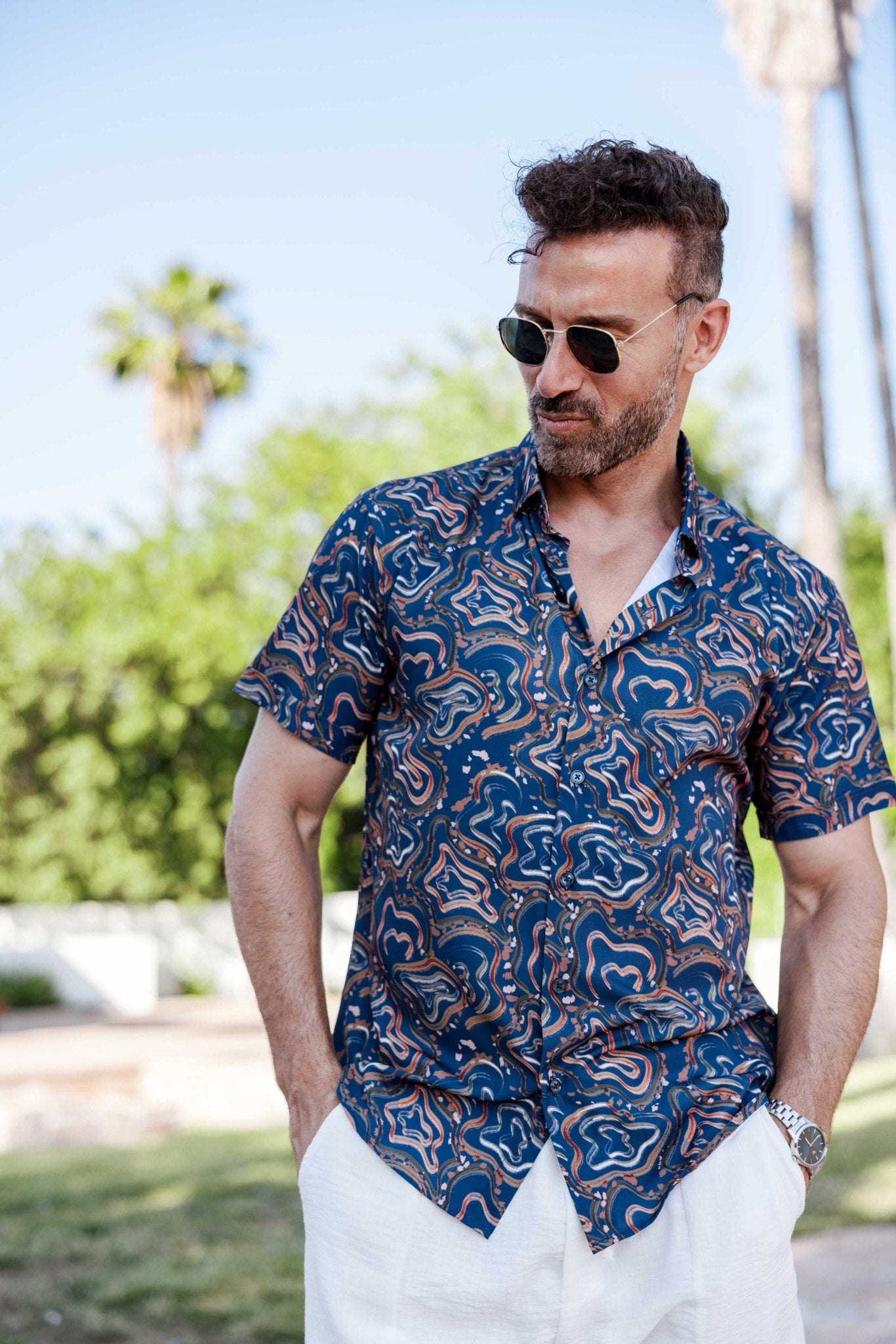 abstract dress shirt Abstract Glacial Print Long Sleeve Dress Shirt BLUE BLUE / 4X