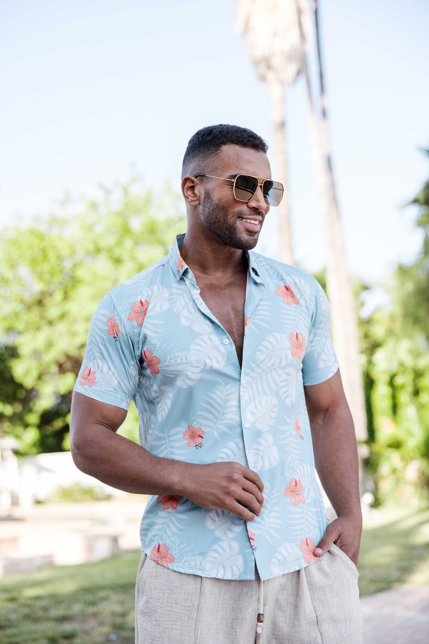 Mojito Lightweight Modern Aqua Floral Pattern Print Stretch Shirt