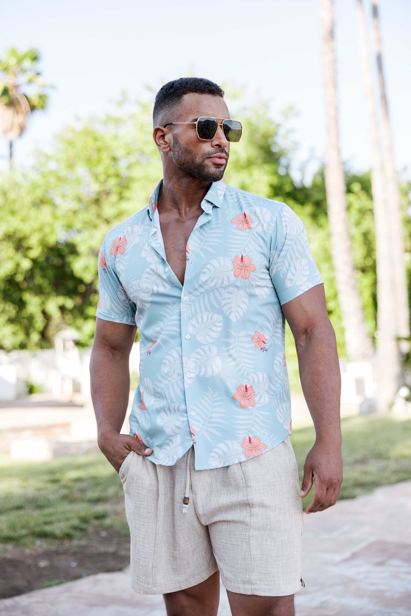 Mojito Lightweight Modern Aqua Floral Pattern Print Stretch Shirt
