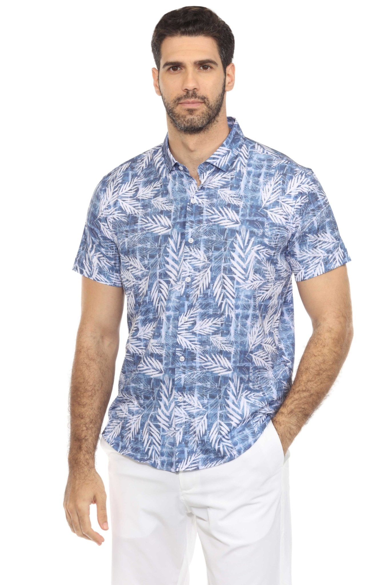 Men’s 4-Way Stretch Blue Leaf Short Sleeve Shirt