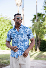 Mojito Lightweight Modern Blue Leaf Pattern Print Stretch Shirt