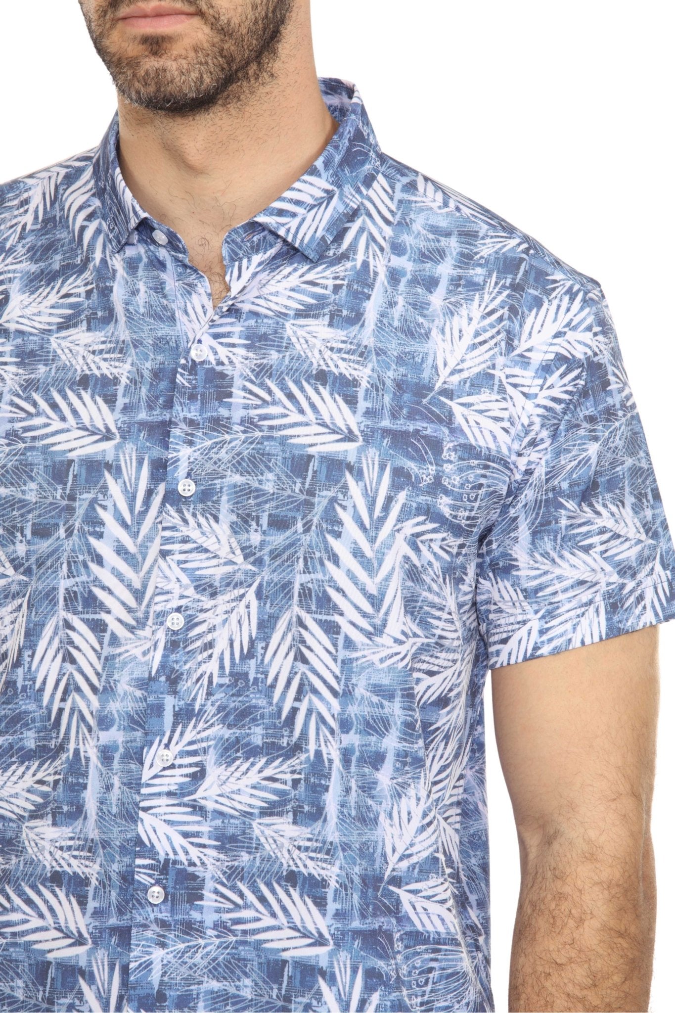 Men’s 4-Way Stretch Blue Leaf Short Sleeve Shirt