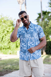 Mojito Lightweight Modern Blue Leaf Pattern Print Stretch Shirt