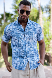 Mojito Lightweight Modern Blue Leaf Pattern Print Stretch Shirt