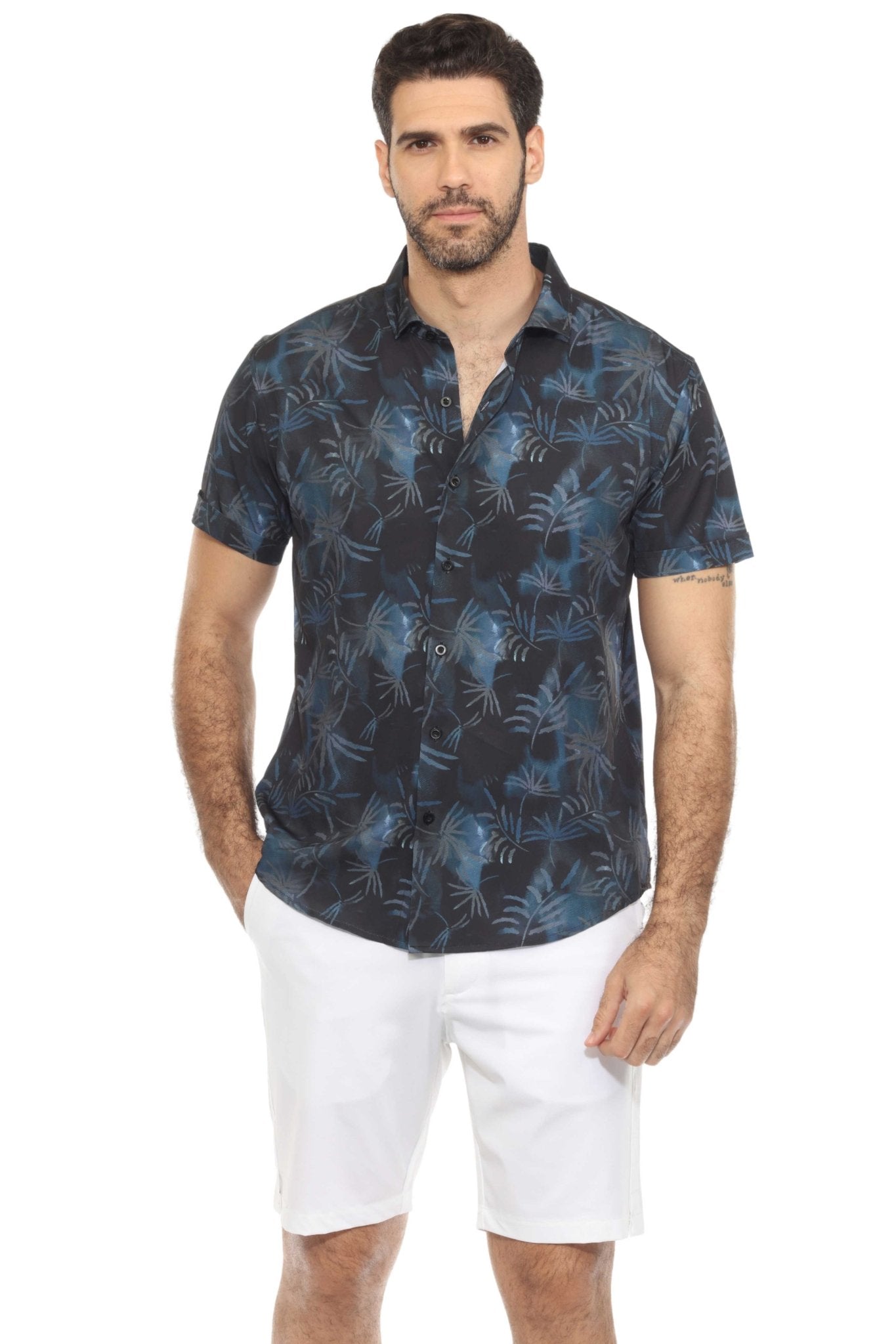 Men’s Navy Palm Short Sleeve Stretch Shirt