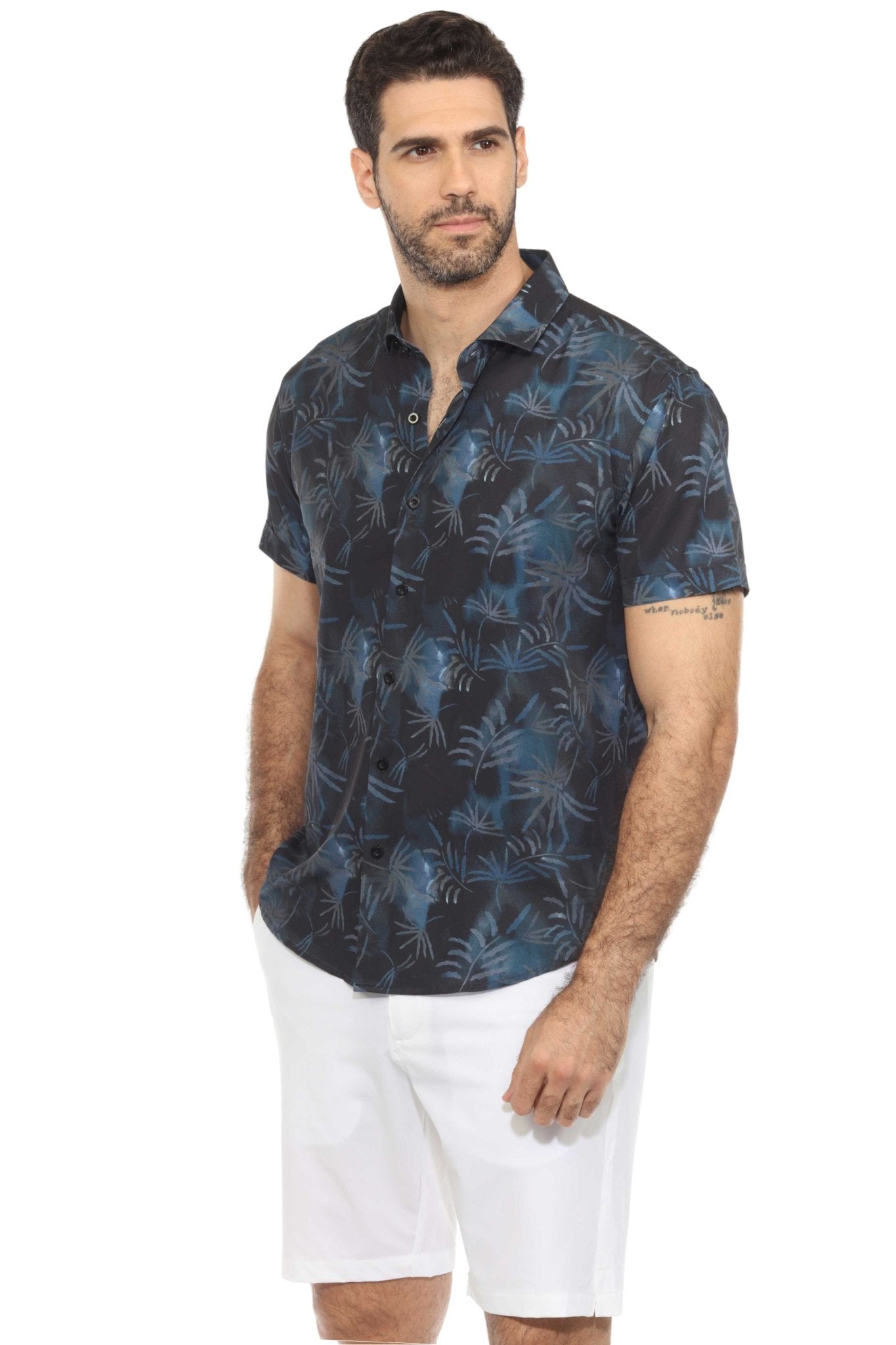 Men’s Navy Palm Short Sleeve Stretch Shirt