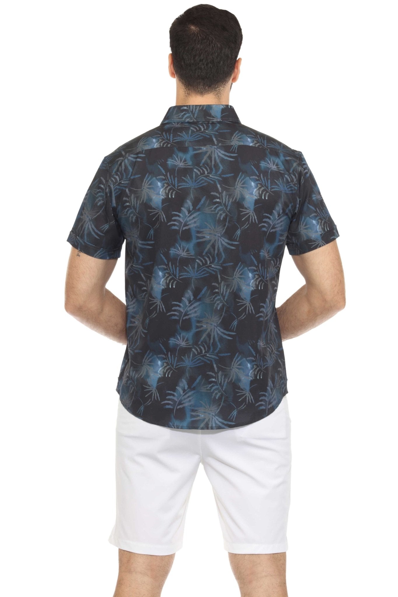 Men’s Navy Palm Short Sleeve Stretch Shirt