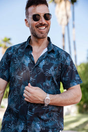 Mojito Lightweight Modern Navy Palm Pattern Print Stretch Shirt