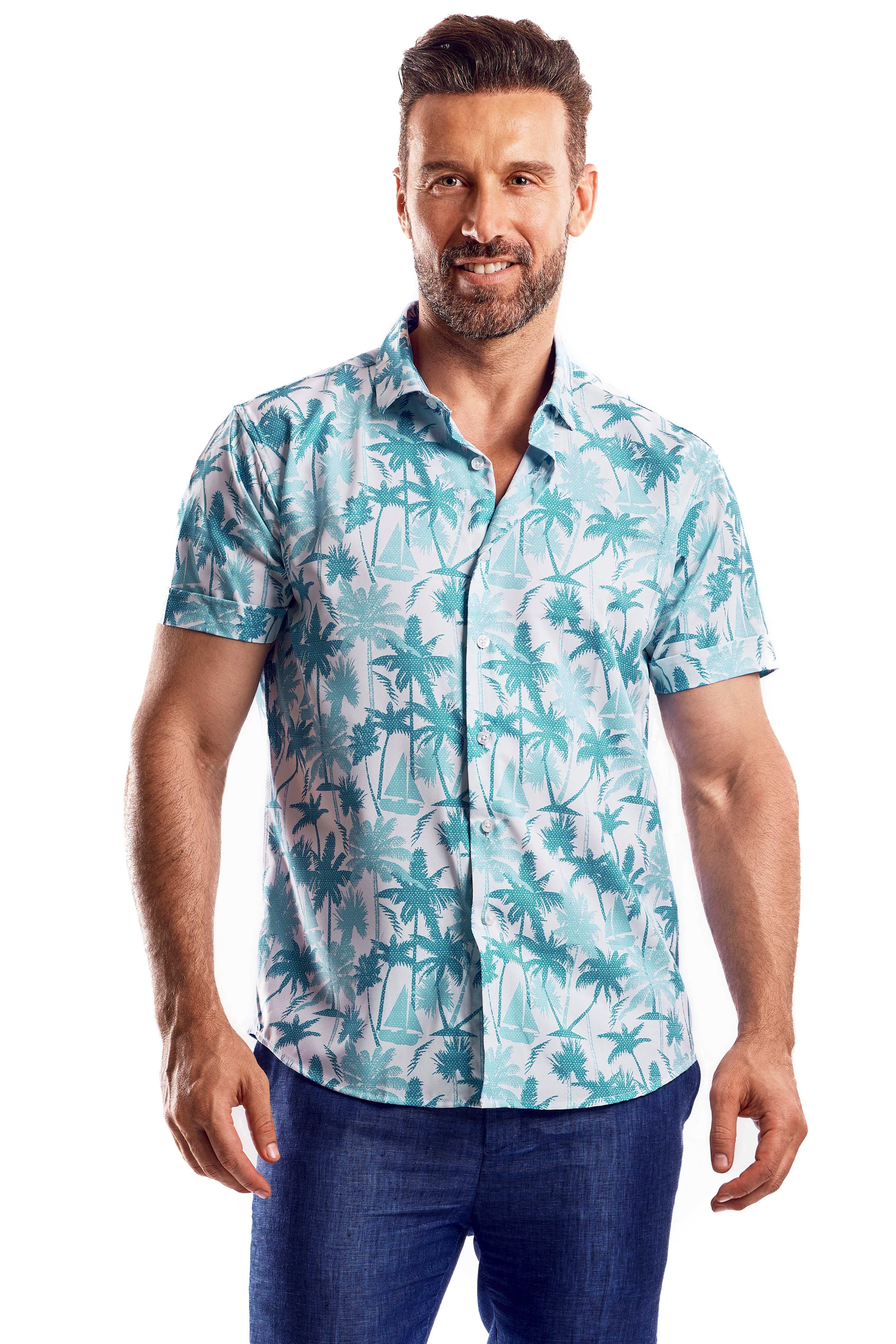 Camisa de manga corta con estampado elegante de poliéster elástico en 4 direcciones