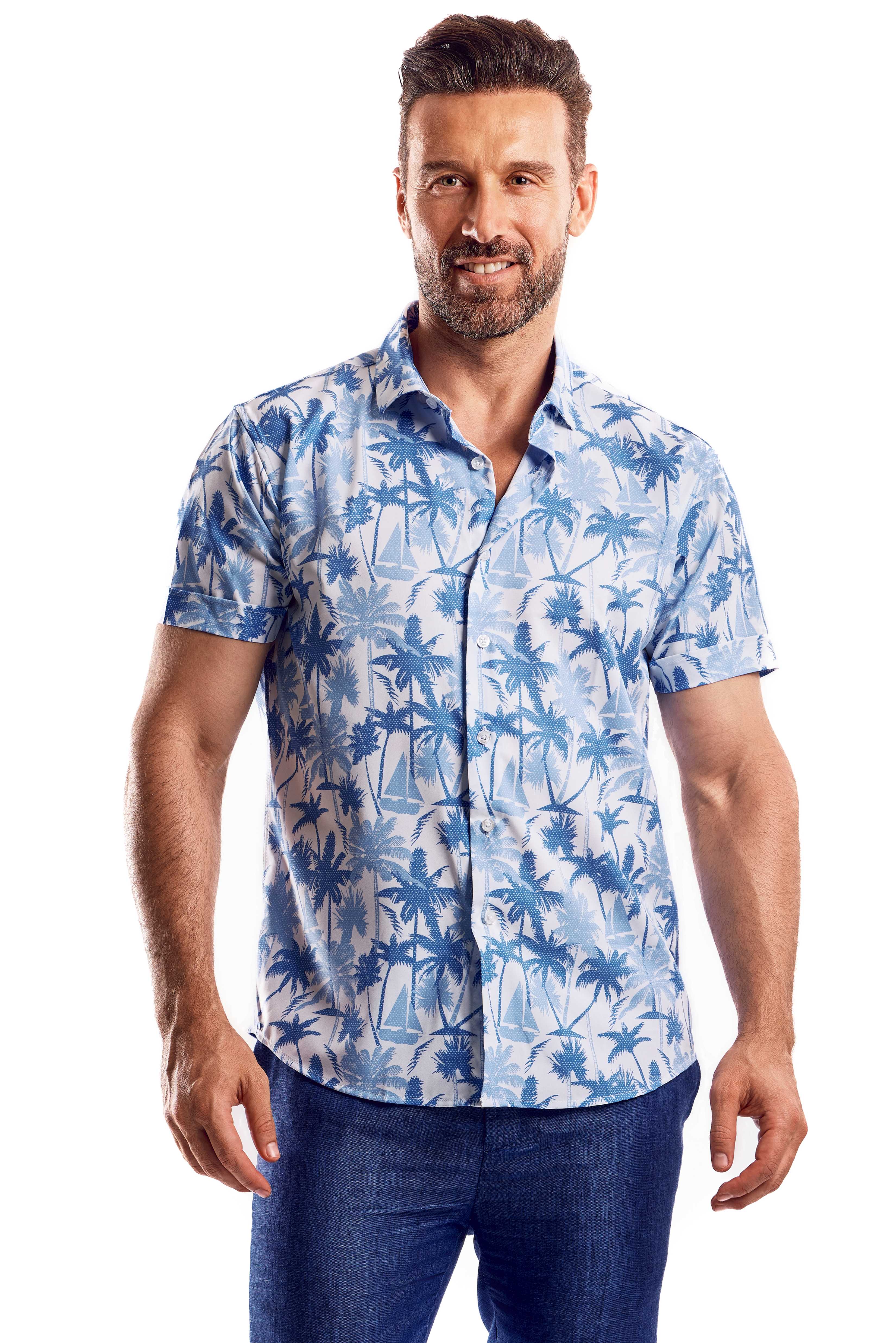 Camisa de manga corta con estampado elegante de poliéster elástico en 4 direcciones